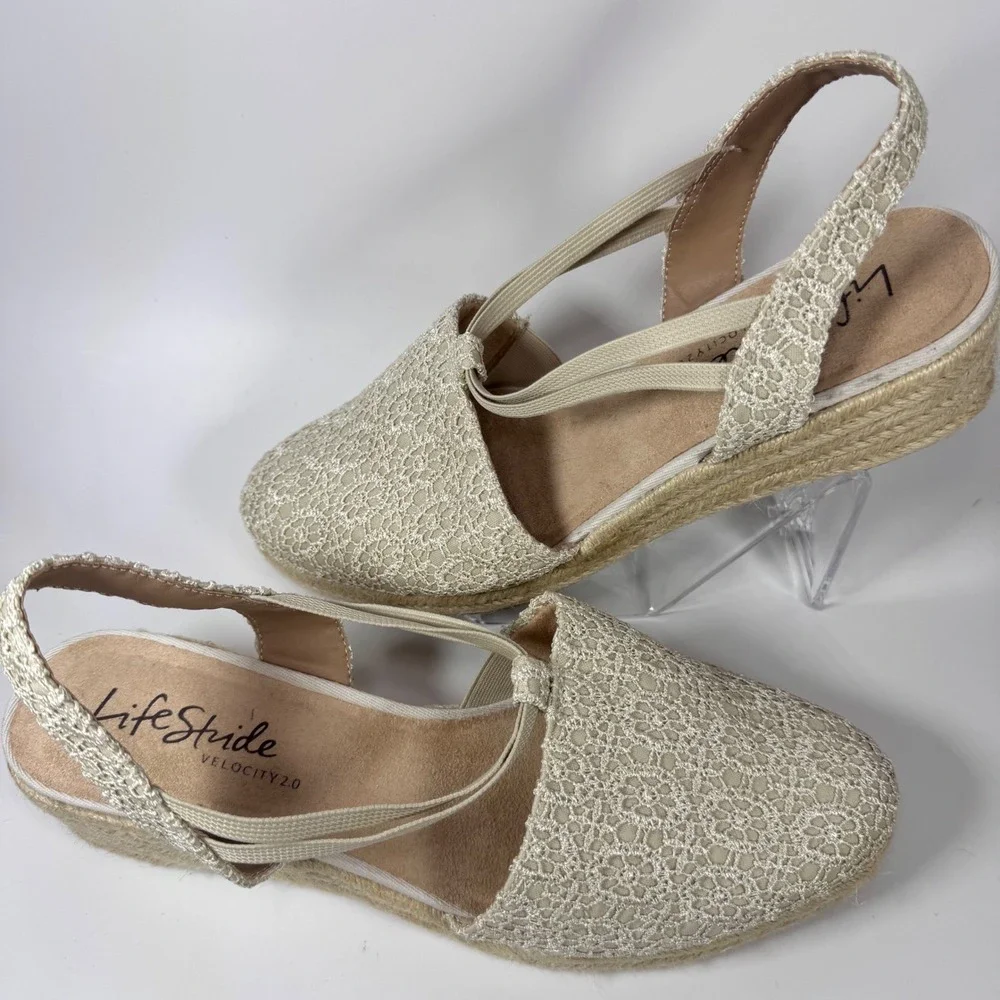 Lifestride Katrina 2‎ Espadrille wedge black lace Sz 11W slingback Women Sandals